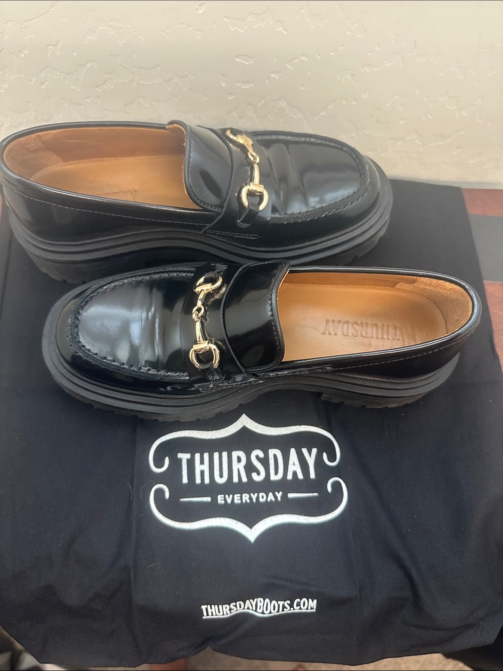 Thursday Boot Company Black Patent Leather Loafers with Gold Bit